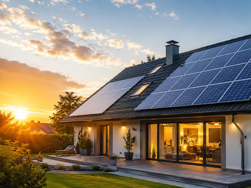 Casa com painéis solares no telhado ao entardecer