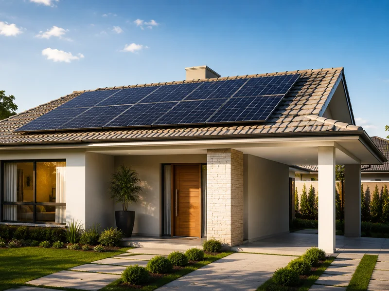 Casa com módulos solares no telhado, sob céu aberto