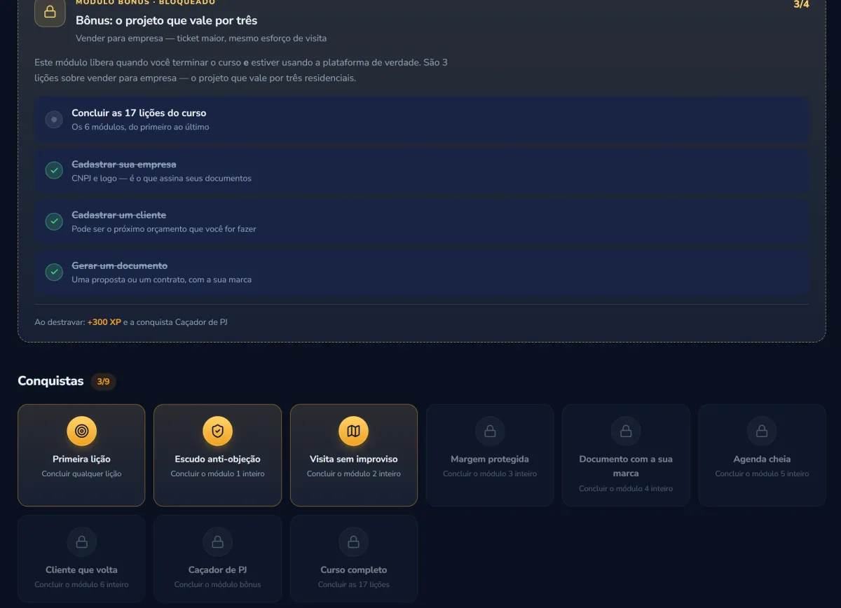 Módulo bônus bloqueado, listando as quatro missões que o aluno precisa cumprir para destravar