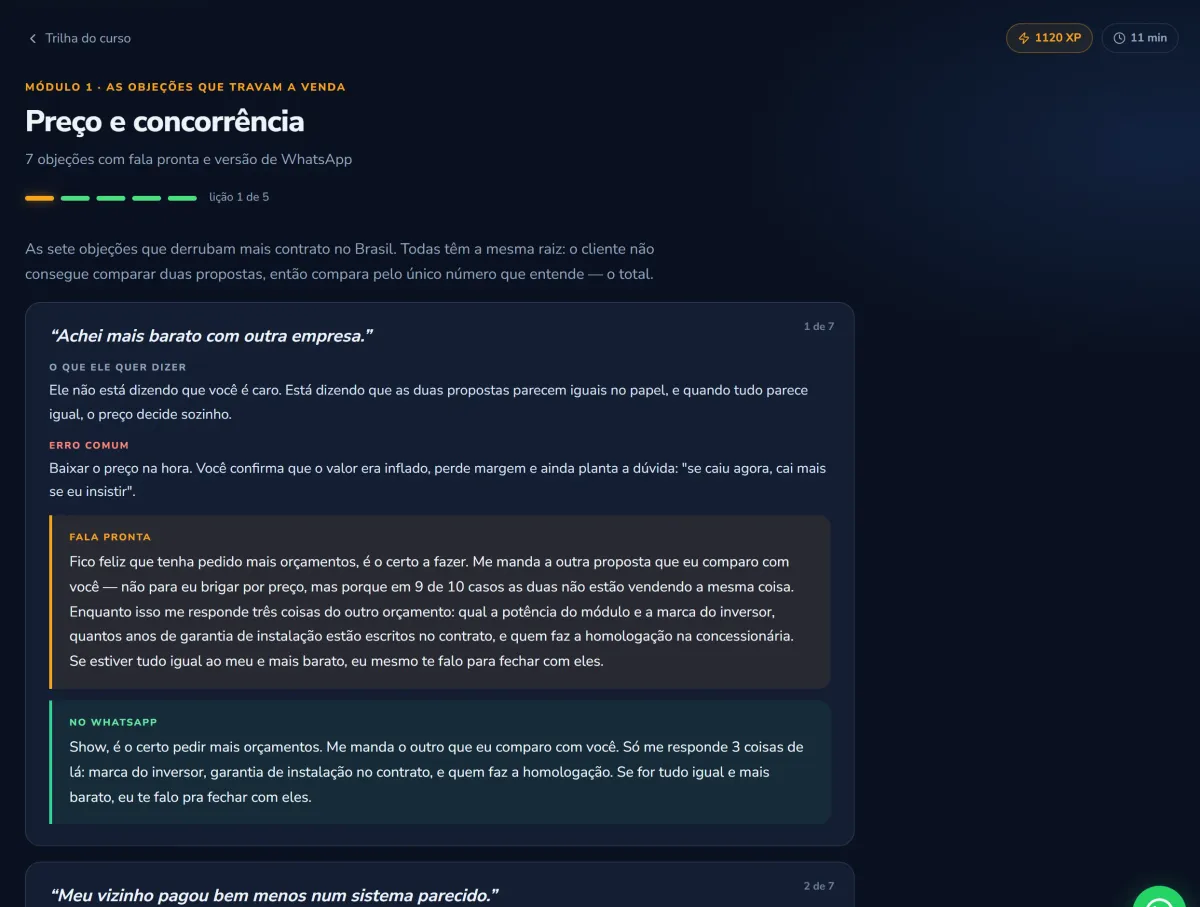 Tela do módulo de objeções mostrando a resposta pronta e a versão para WhatsApp da objeção achei mais barato