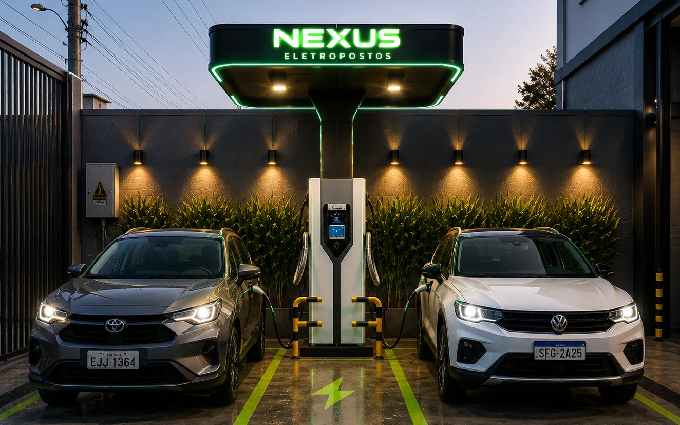 Eletroposto NEXUS ao entardecer: dois carros carregando sob a cobertura iluminada