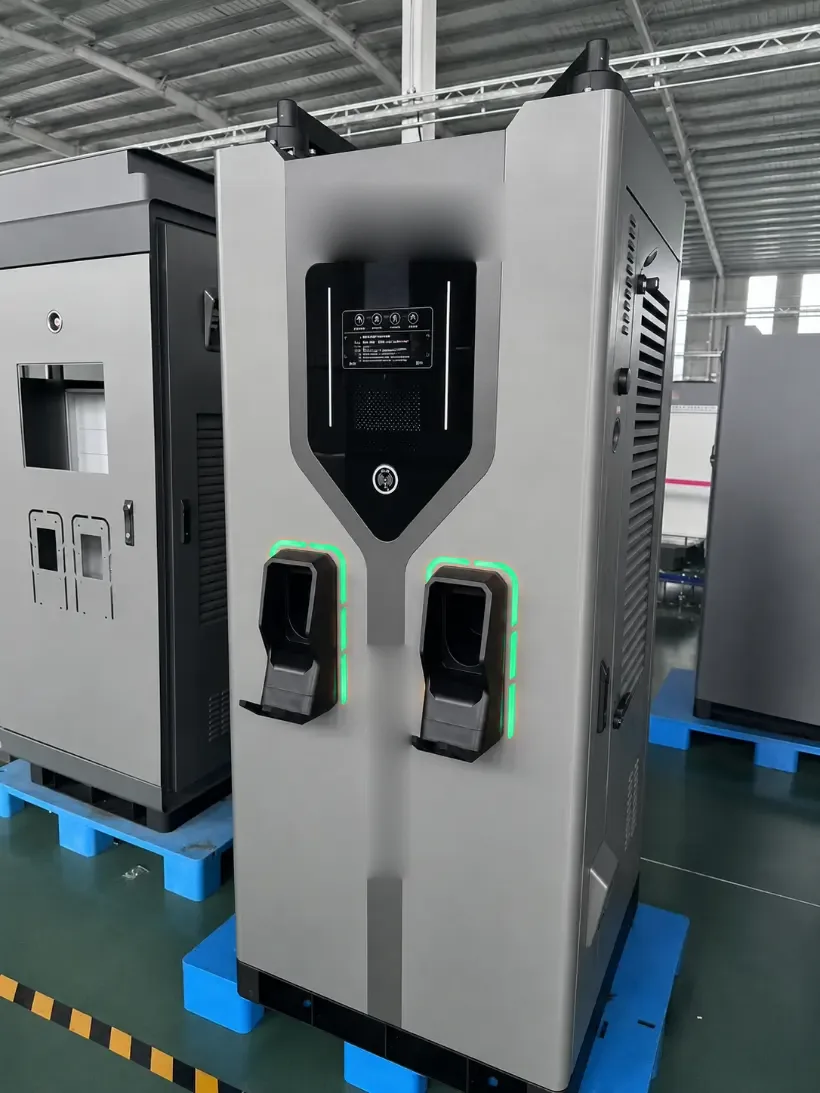 Carregador NEXUS de corrente contínua visto de frente, com dois conectores CCS2 e luz verde no encaixe