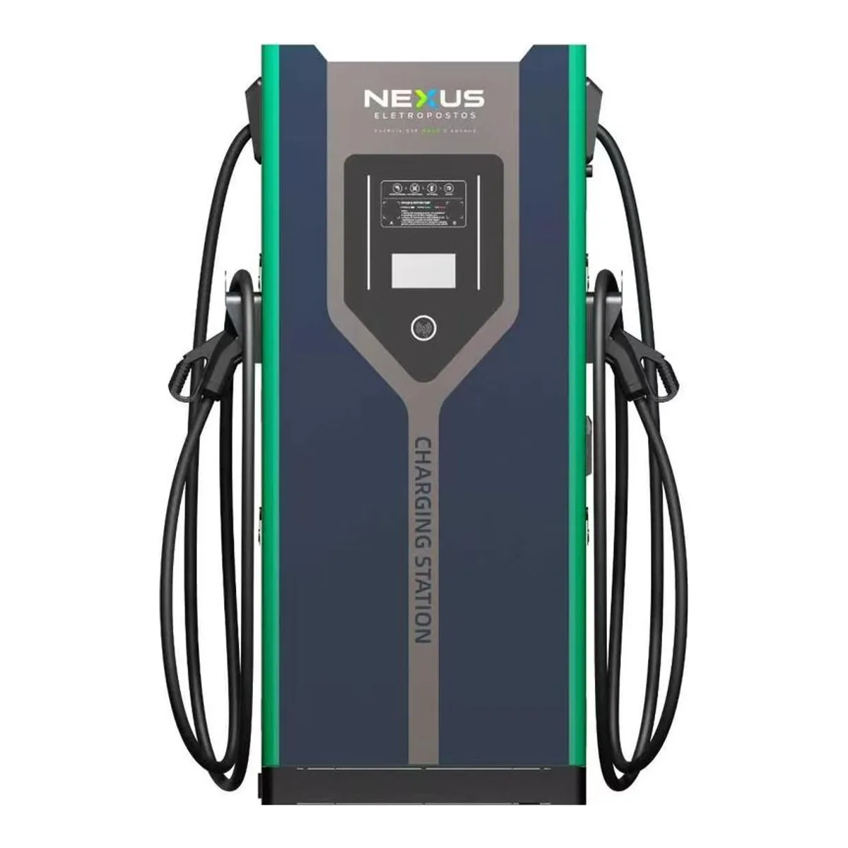 Carregador NEXUS DC80 de 80 kW visto de frente, com dois cabos CCS2