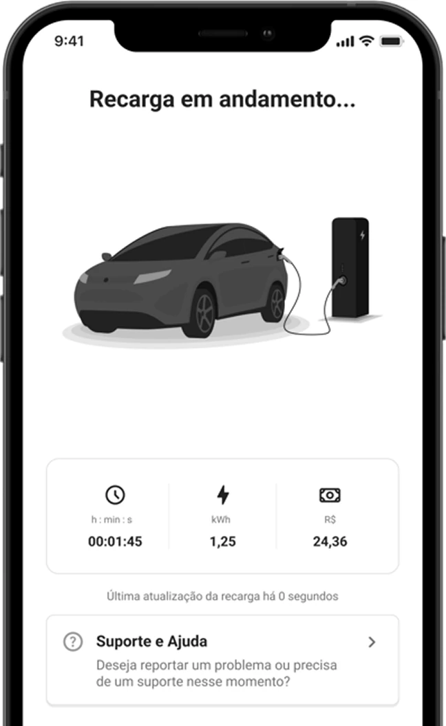 Tela do aplicativo do motorista durante uma recarga, mostrando tempo decorrido, energia em kWh e valor em reais