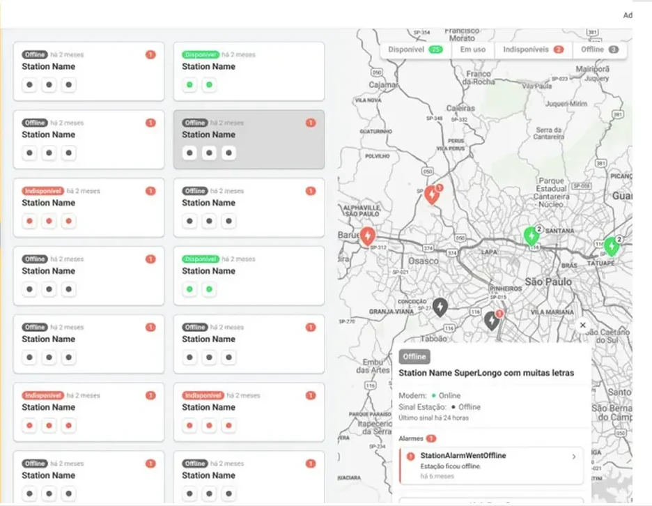 Painel de monitoramento da plataforma: lista de estações com status disponível, em uso, indisponível e offline, mapa com os pontos e detalhe de alarme de uma estação