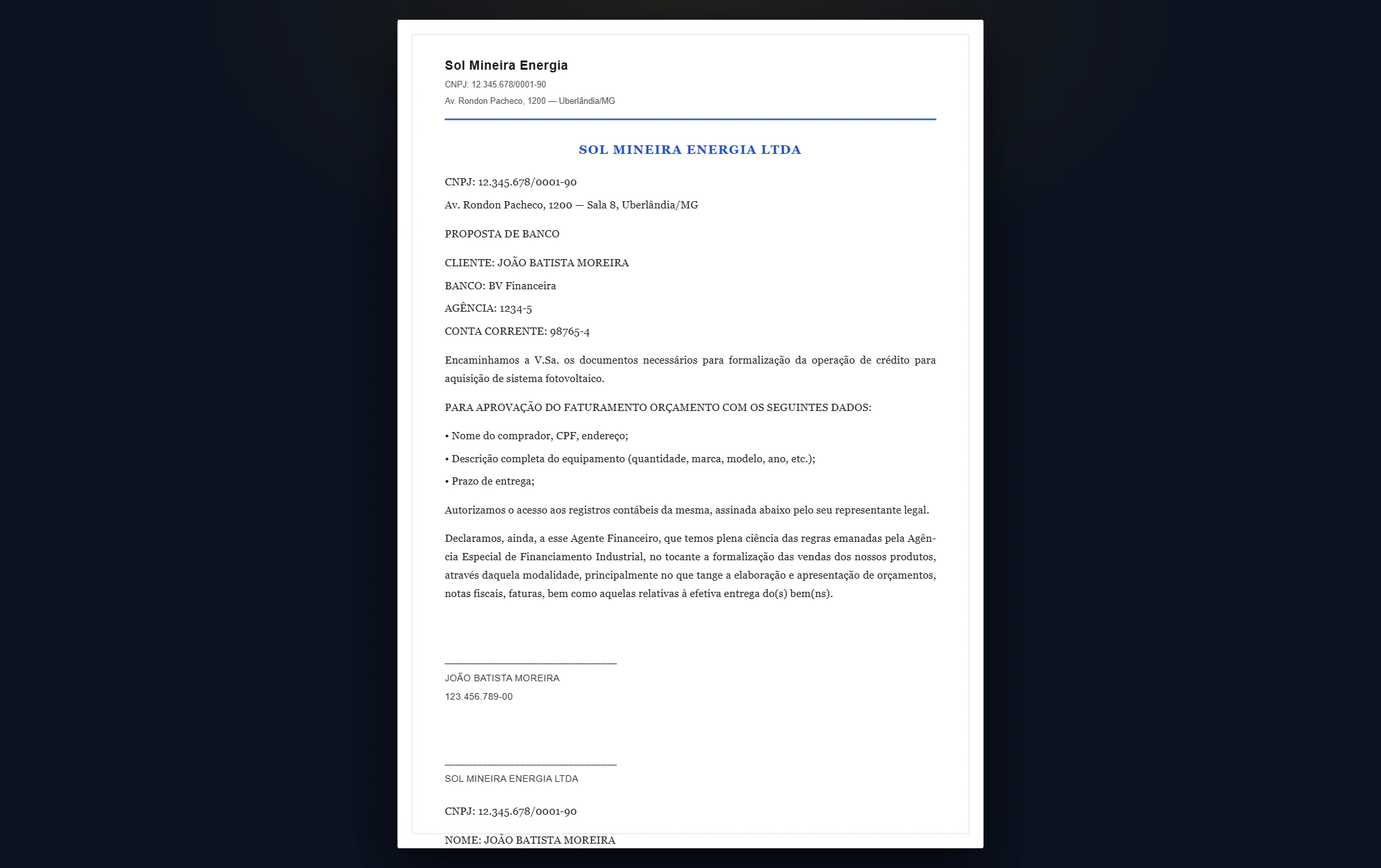 Proposta pro banco financiar — tela do SolarDoc