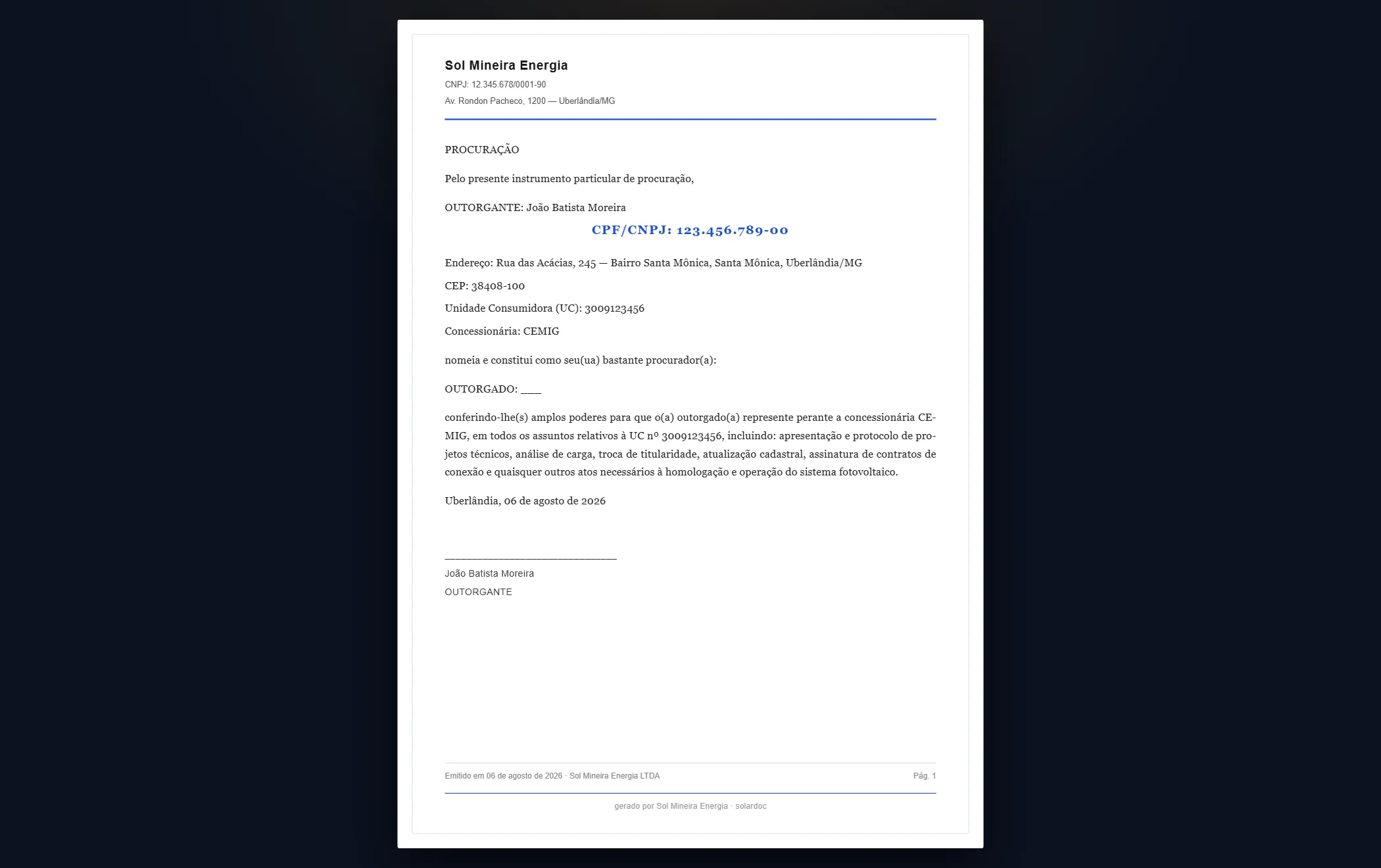Procuração pra concessionária — tela do SolarDoc