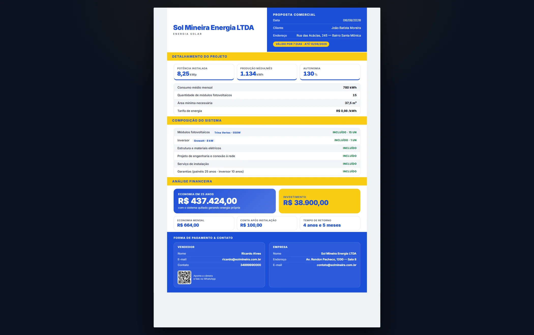 Orçamento de 1 página — tela do SolarDoc
