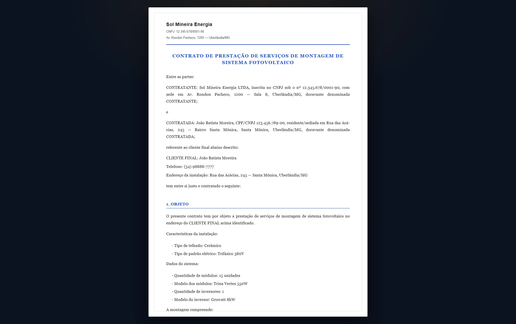 Prestação de serviço — tela do SolarDoc