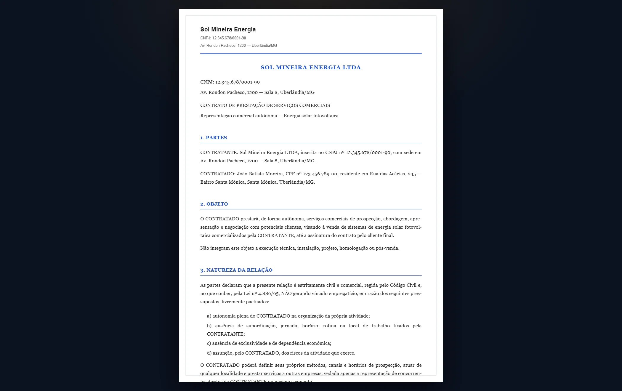 Contrato de vendedor — tela do SolarDoc