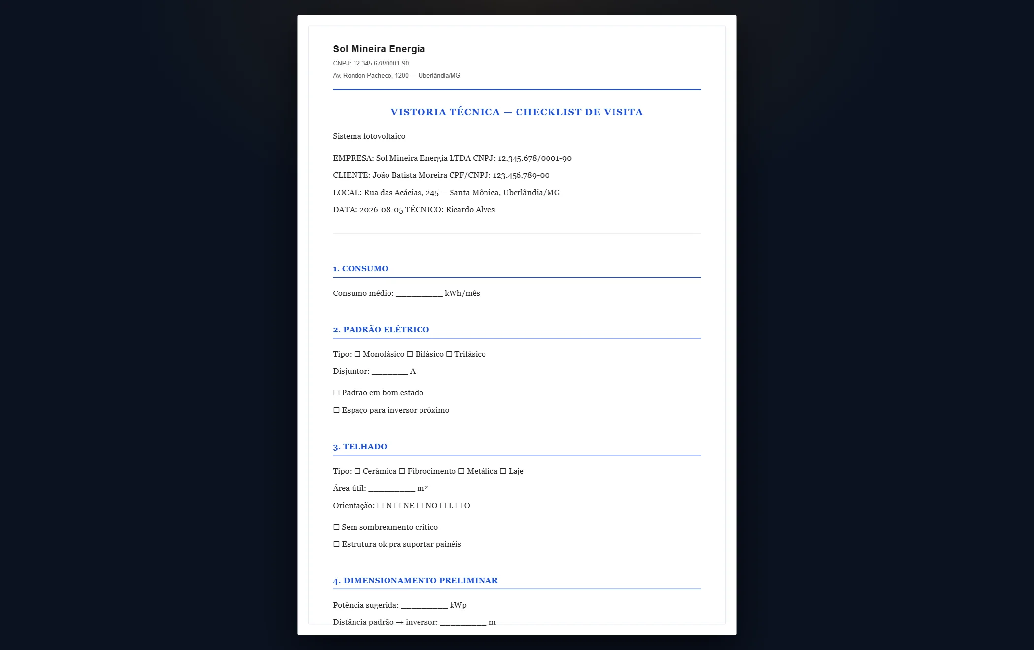 Checklist de vistoria — tela do SolarDoc